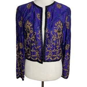Vtg 80s Parisian Room Purple Gold Beaded Silk Evening Jacket Glam  Art to Wear S